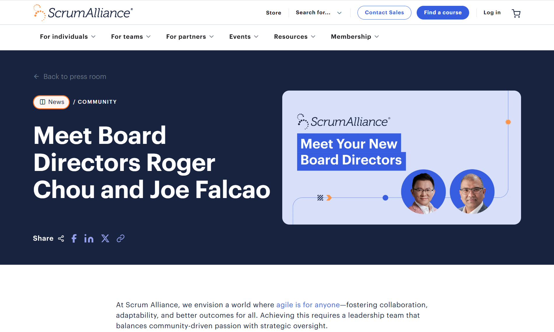 Scrum Alliance 公告周龍鴻成為全球董事的截圖